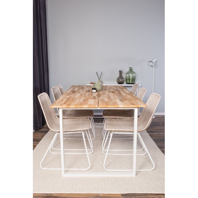 Ruokailuryhmä Venture Home, 200x90cm ruskea Cirebon-pöytä + 6 valkoista Cirebon-tuolia