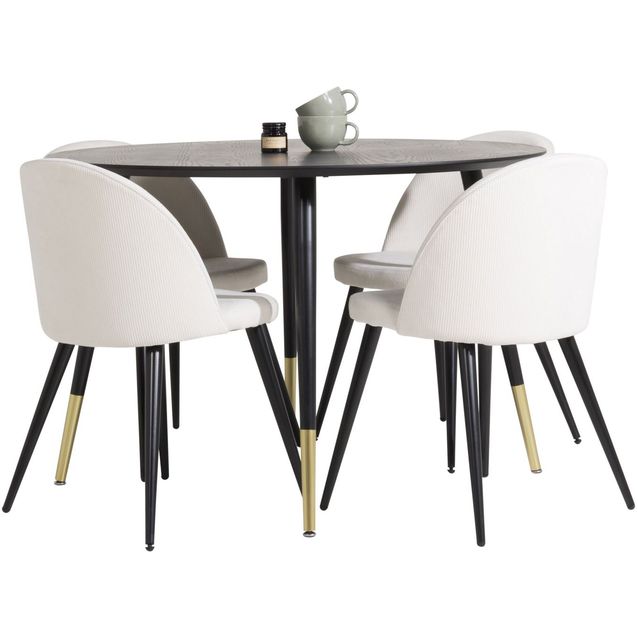 Ruokailuryhmä Venture Home, ⌀115cm musta Dipp-ruokapöytä + 4 Velvet-tuolia, beige