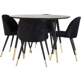 Ruokailuryhmä Venture Home, ø115cm musta/messinki Dipp-pöytä + 4 mustaa Velvet-tuolia, sametti