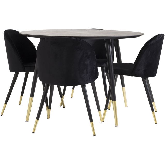 Ruokailuryhmä Venture Home, ø115cm musta/messinki Dipp-pöytä + 4 mustaa Velvet-tuolia, sametti