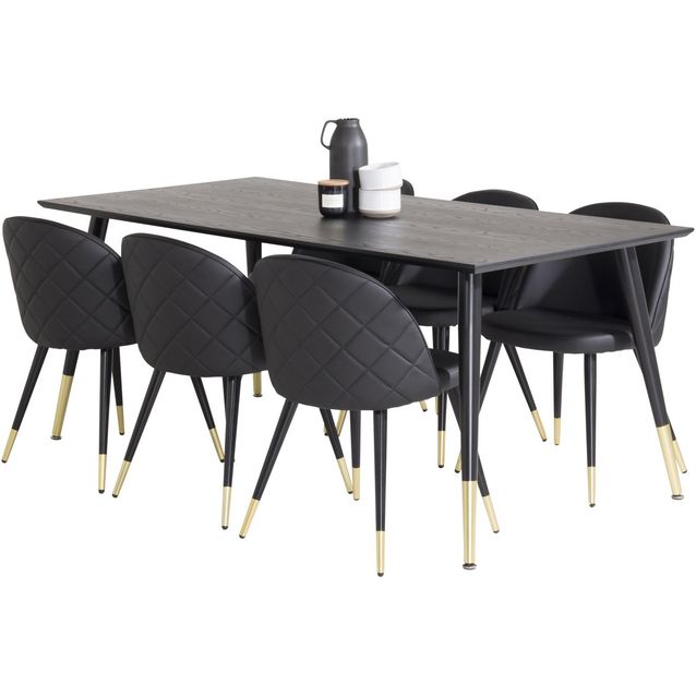 Ruokailuryhmä Venture Home, 180x90cm musta/messinki Dipp-pöytä + 6 musta/messinki Velvet PU -tuolia