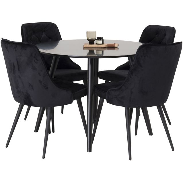 Ruokailuryhmä Venture Home, ⌀100cm musta Plaza-pöytä + 4 mustaa Velvet Deluxe -tuolia
