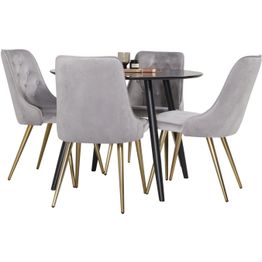 Ruokailuryhmä Venture Home, ⌀100cm musta Plaza-pöytä + 4 vaaleanharmaata Velvet Deluxe-tuolia