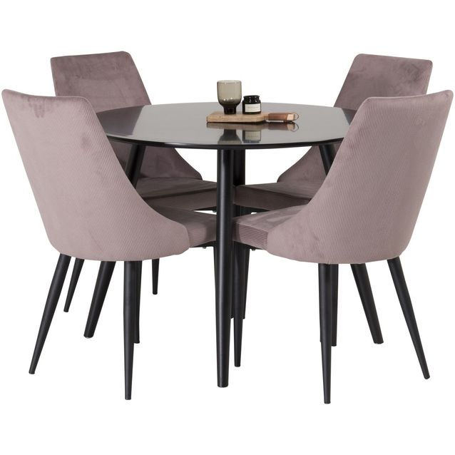 Ruokailuryhmä Venture Home, ⌀100cm musta Plaza-pöytä + 4 vaaleanpunaista Leone-tuolia