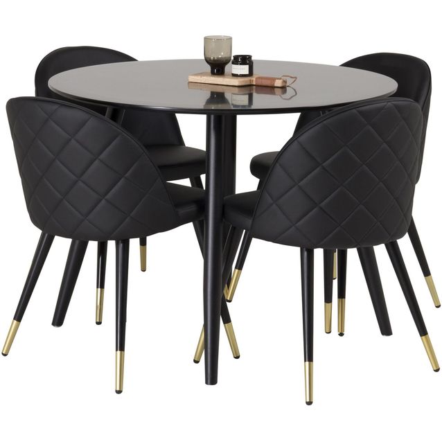 Ruokailuryhmä Venture Home, ⌀100cm musta Plaza-pöytä + 4 mustaa Velvet PU -tuolia