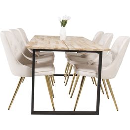 Ruokailuryhmä Venture Home, Cirebon-lankkupöytä + 6 beigeä Velvet Deluxe -tuolia