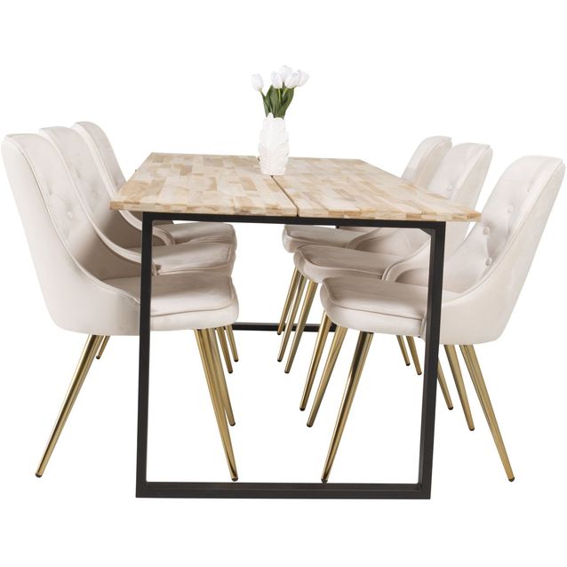 Ruokailuryhmä Venture Home, Cirebon-lankkupöytä + 6 beigeä Velvet Deluxe -tuolia