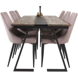 Ruokailuryhmä Venture Home, 200x90cm Jakarta-pöytä + 6 vaaleanpunaista Leone-tuolia, vakosametti