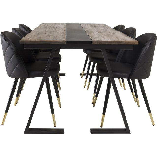 Ruokailuryhmä Venture Home, 200x90cm Jakarta-pöytä + 6 mustaa Velvet-tuolia, keinonahka