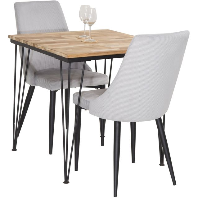 Ruokailuryhmä Venture Home, 80x80cm ruskea Bali-pöytä + 2 vaaleanharmaata Leone-tuolia, vakosametti