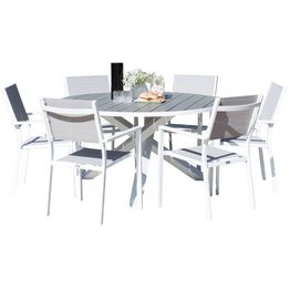 Ruokailuryhmä ulos Venture Home, valkoinen Parma-pöytä Ø140cm + 6 valkoharmaata Copacabana-tuolia
