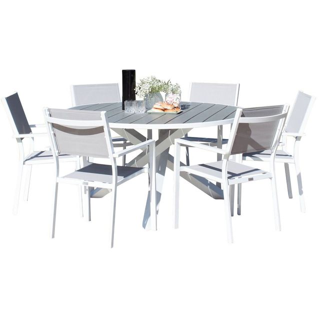 Ruokailuryhmä ulos Venture Home, valkoinen Parma-pöytä Ø140cm + 6 valkoharmaata Copacabana-tuolia
