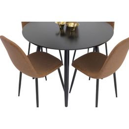 Ruokailuryhmä Venture Home, ⌀100cm musta Plaza-pöytä + 4 ruskeaa Polar-tuolia, keinonahka