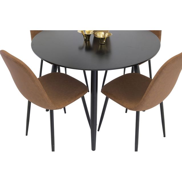 Ruokailuryhmä Venture Home, ⌀100cm musta Plaza-pöytä + 4 ruskeaa Polar PU -tuolia