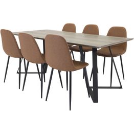 Ruokailuryhmä Venture Home, 180x90cm harmaa/musta Marina-pöytä + 6 ruskeaa Polar-tuolia, keinonahka