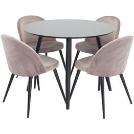 Ruokailuryhmä Venture Home, ⌀100cm musta Plaza-pöytä + 4 Velvet-tuolia, sametti