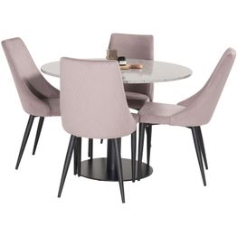 Ruokailuryhmä Venture Home, ⌀106cm harmaa Razzia-pöytä + 4 vaaleanpunaista Leone-tuolia, vakosametti