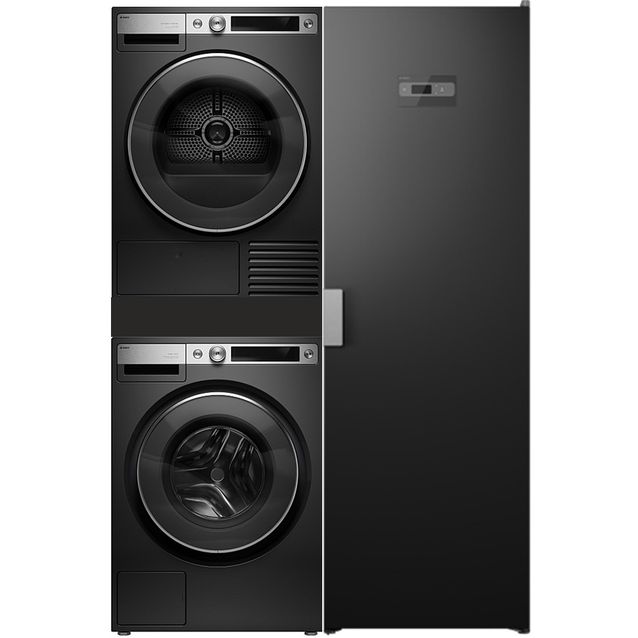 Pesutorni Asko Premium W7096XG + T709HUG + väliasennussarja HI150G ulosvedettävällä silityslaudalla ja kuivauskaappi DC7784V.G, musta