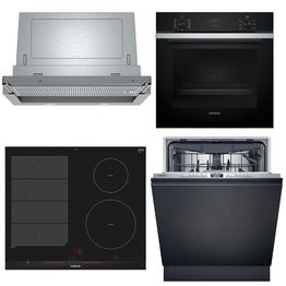 Keittiön kodinkonepaketti Siemens, sis. uuni HB234ABS3F, induktioliesitaso EX675LEC1E, astianpesukone SX73HX03VE ja liesituuletin LI67RB531