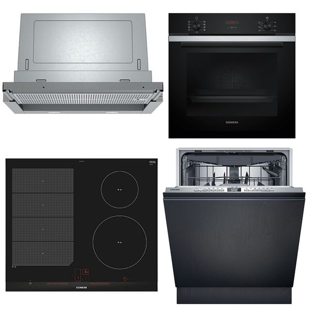 Keittiön kodinkonepaketti Siemens, sis. uuni HB234ABS3F, induktioliesitaso EX675LEC1E, astianpesukone SX73HX03VE ja liesituuletin LI67RB531