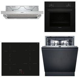 Keittiön kodinkonepaketti Siemens, sis. uuni HB010FBA1, induktioliesitaso EH61RBEB6E, astianpesukone SN616X00KF ja liesituuletin LI64MA531, musta
