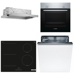 Keittiön kodinkonepaketti Bosch, sis. uuni HBF010BR1S, induktioliesitaso PVS611BB6E, astianpesukone SMV41D10EU ja liesituuletin DFM064A53, hopea