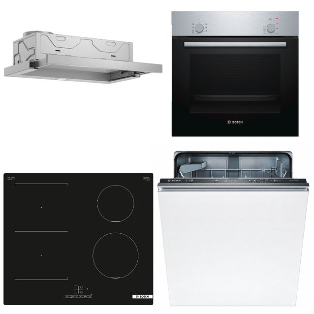 Keittiön kodinkonepaketti Bosch, sis. uuni HBF010BR1S, induktioliesitaso PVS611BB6E, astianpesukone SMV41D10EU ja liesituuletin DFM064A53, hopea