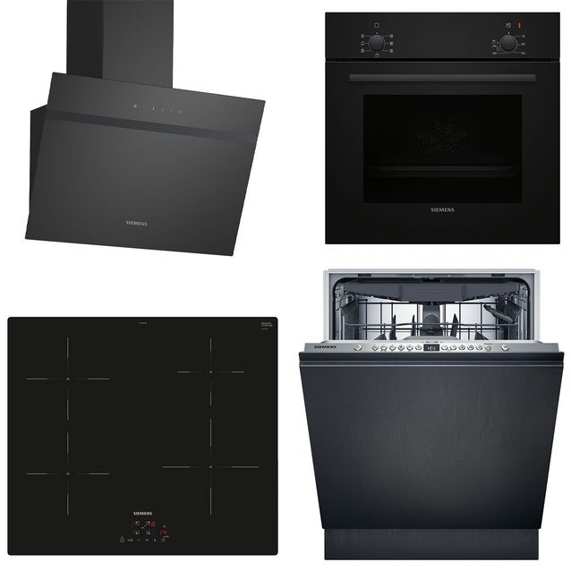 Keittiön kodinkonepaketti Siemens, sis. uuni HB010FBA1, induktioliesitaso EH61RBEB6E, astianpesukone SN616X00KF ja liesituuletin LC65KDK60