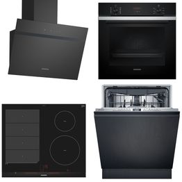 Keittiön kodinkonepaketti Siemens, sis. uuni HB234ABS3F, induktioliesitaso EX675LEC1E, astianpesukone SX73HX03VE ja liesituuletin LC65KDK60, musta