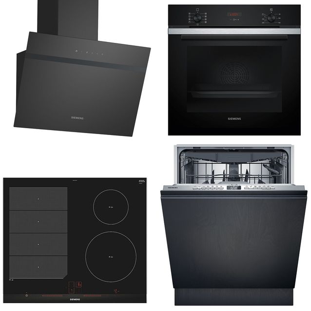 Keittiön kodinkonepaketti Siemens, sis. uuni HB234ABS3F, induktioliesitaso EX675LEC1E, astianpesukone SX73HX03VE ja liesituuletin LC65KDK60, musta
