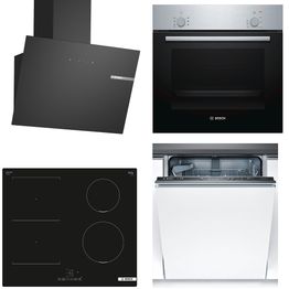 Keittiön kodinkonepaketti Bosch, sis. uuni HBF010BR1S, induktioliesitaso PVS611BB6E, astianpesukone SMV41D10EU ja liesituuletin DWK65DK60