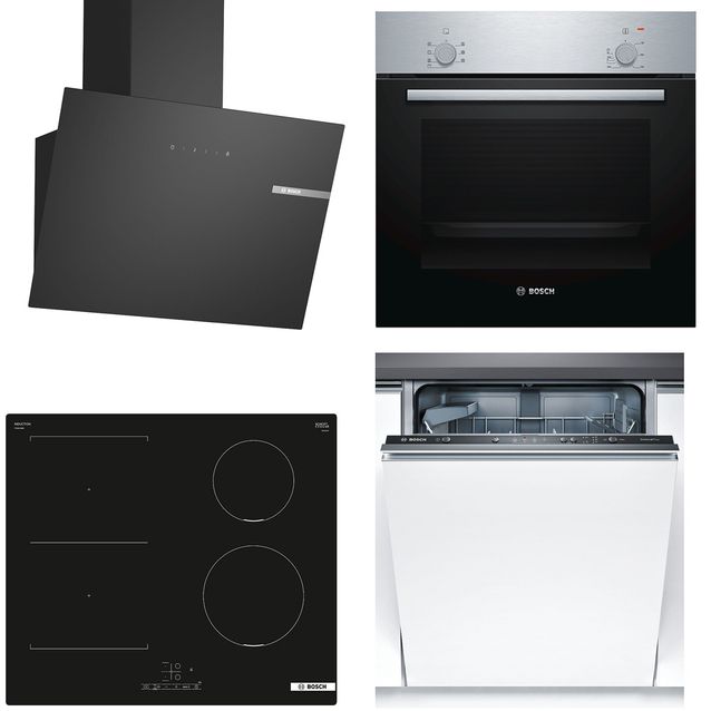 Keittiön kodinkonepaketti Bosch, sis. uuni HBF010BR1S, induktioliesitaso PVS611BB6E, astianpesukone SMV41D10EU ja liesituuletin DWK65DK60