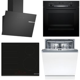 Keittiön kodinkonepaketti Bosch, sis. uuni HBG537FB4, induktioliesitaso PIX631HC1E, astianpesukone SMV4HMX08E ja liesituuletin DWK65DK60, musta