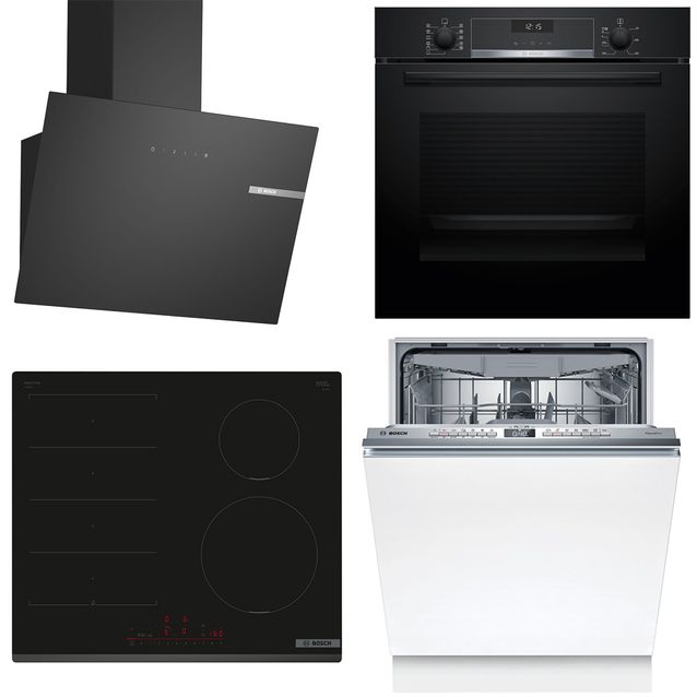 Keittiön kodinkonepaketti Bosch, sis. uuni HBG537FB4, induktioliesitaso PIX631HC1E, astianpesukone SMV4HMX08E ja liesituuletin DWK65DK60, musta