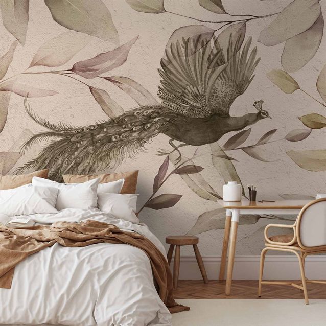 CONFIGURABLE PÄÄTUOTE - Valokuvatapetti - Bird among the leaves - floral motif with a flying peacock in cool tones 30573