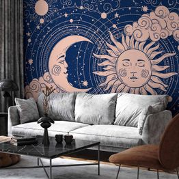 Kuvatapetti Artgeist Cosmic Harmony - Illustration of the Sun and Moon on a Navy Background, eri vaihtoehtoja