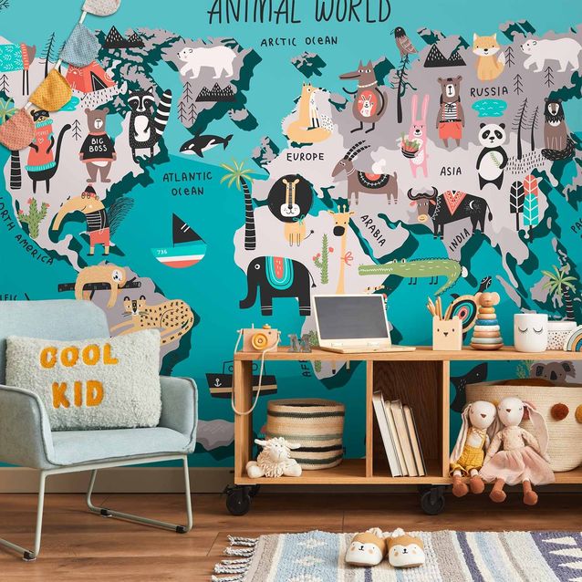 CONFIGURABLE PÄÄTUOTE - Valokuvatapetti - Geography lesson for children - colourful world map with animals 63300