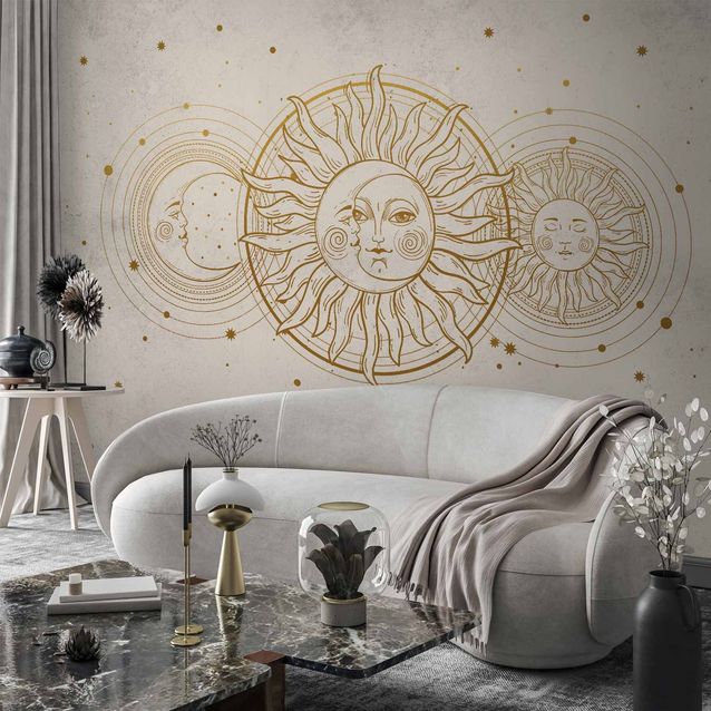 CONFIGURABLE PÄÄTUOTE - Valokuvatapetti - Golden Sun and Moon - Artistic Illustration in Retro Style 32282