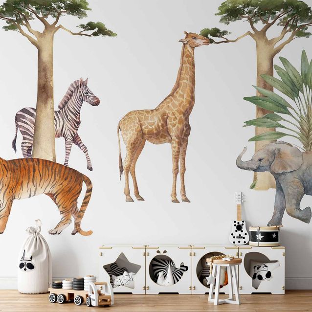 CONFIGURABLE PÄÄTUOTE - Valokuvatapetti - Jungle Animals on White Background Made With Watercolour Technique 48077