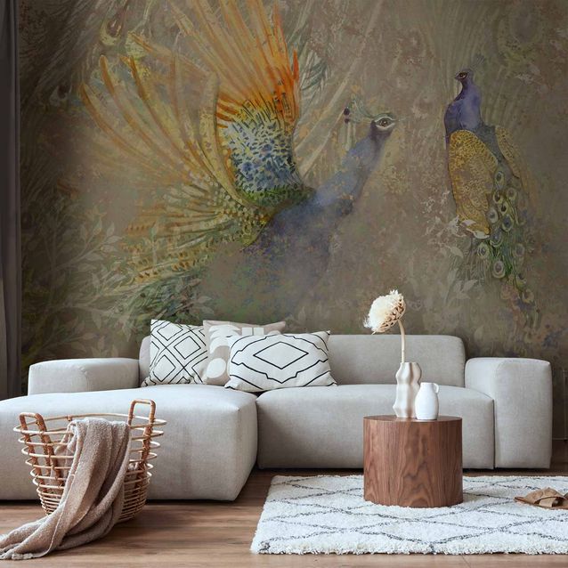 CONFIGURABLE PÄÄTUOTE - Valokuvatapetti - Peacocks in dance - bird motif among an abstract pattern with ornaments 30153