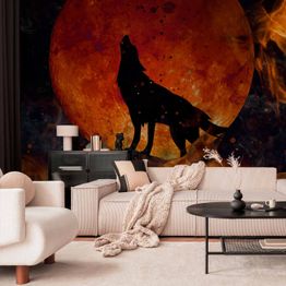Kuvatapetti Artgeist Wild nature - wolf on a background of a red moon in flames of fire, eri vaihtoehtoja