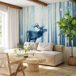 Kuvatapetti Artgeist Winter animals - deer motif on a forest background in shades of blue, eri vaihtoehtoja