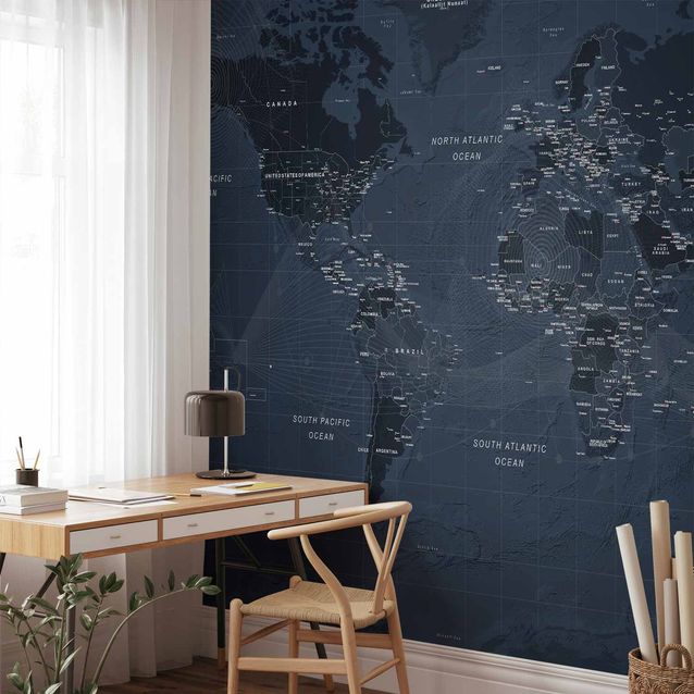 CONFIGURABLE PÄÄTUOTE - Valokuvatapetti - World map in blue - continents with inscriptions in English 76292