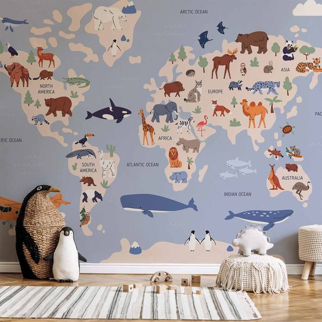 CONFIGURABLE PÄÄTUOTE - Valokuvatapetti - World Map With Animal Illustrations 49517