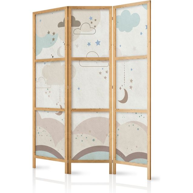 Japanilainen sermi - Cloudy Night Sky - Moons in browns and beiges among numerous clouds and stars on a light background.