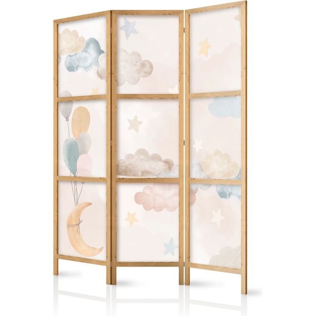 CONFIGURABLE PÄÄTUOTE - Japanilainen sermi - Fairy-Tale Moon - Moon with Balloons Among Clouds and Stars in Subdued Colors on a Light Beige Background. 35764