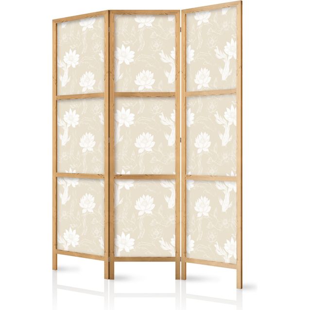 CONFIGURABLE PÄÄTUOTE - Japanilainen sermi - Fish and Water Lilies - Light Oriental Fish Swimming Among Water Flowers on a Delicate Sand-Beige Background 06392