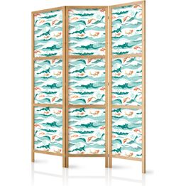 Japanilainen sermi Artgeist Fish Jumping Over Waves - Oriental Fish and Water Lilies Among High Waves in Shades of Sea Green, eri vaihtoehtoja