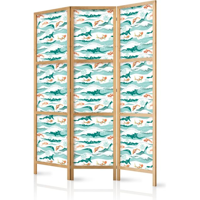 CONFIGURABLE PÄÄTUOTE - Japanilainen sermi - Fish Jumping Over Waves - Oriental Fish and Water Lilies Among High Waves in Shades of Sea Green 06330