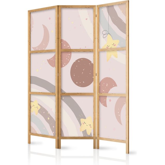 CONFIGURABLE PÄÄTUOTE - Japanilainen sermi - Joyful Sky - Yellow cheerful stars with a rainbow against the moon phases - in the sky colored light beige. 35078